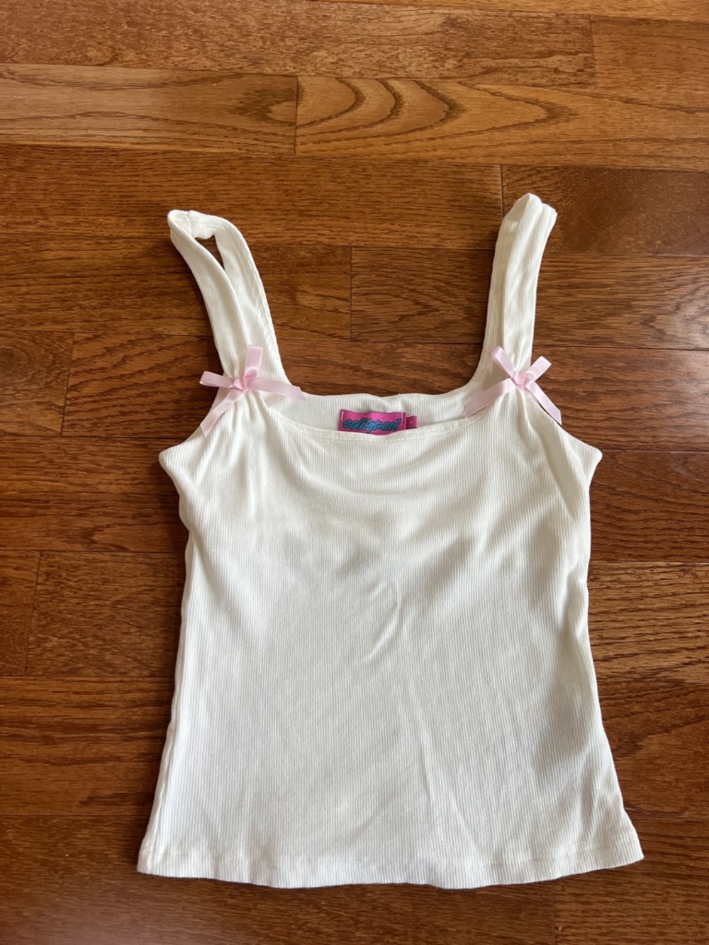 Edikted soft white small Ribbed Tank Top with Pink Bow Details